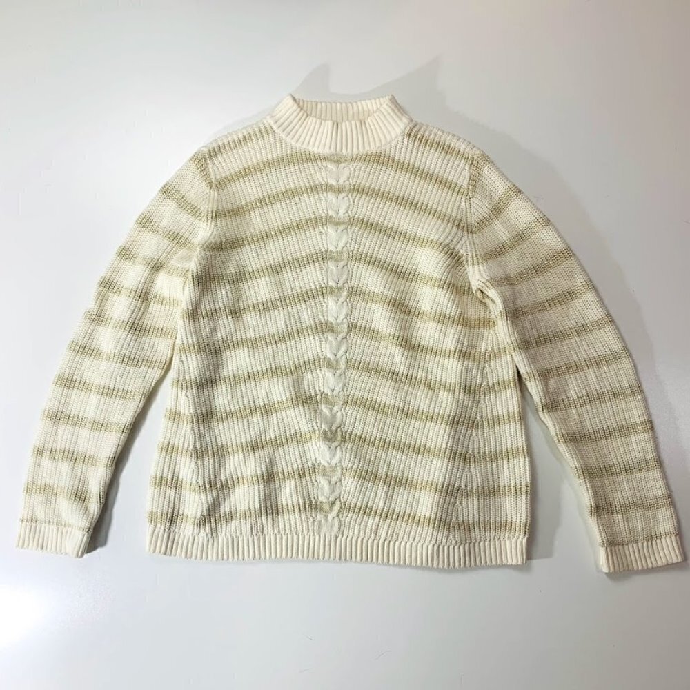 Talbots Knit Sweater Fair Isle Cream Gold Metallic Stripe Cable Large Neutral La